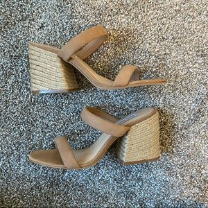 Tan suede Steve Madden slip on heeled sandal size 9